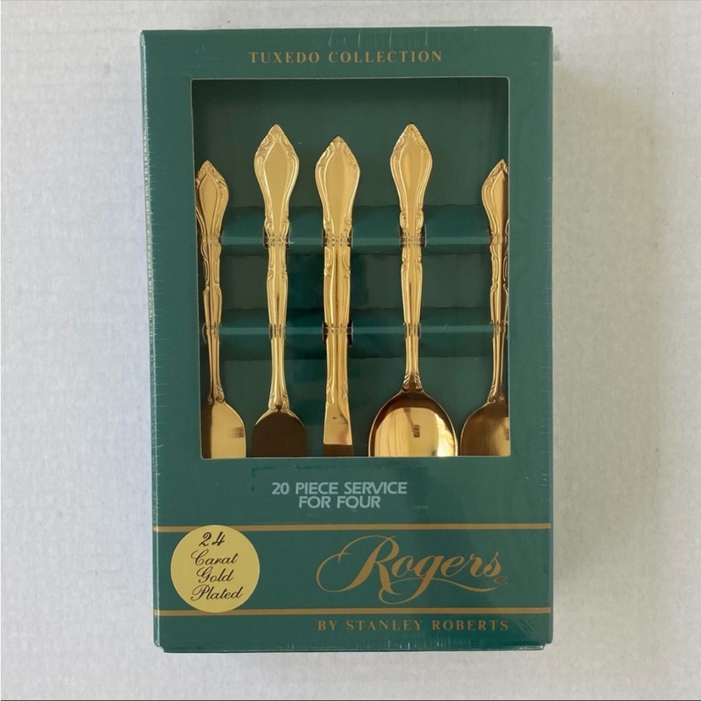 NIB Vintage Rogers by Stanley Roberts 24 Carat Gold Plated 20 Piece Service